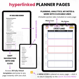 Product image of a Social Media Planner available in both digital and printable formats, featuring content calendars and strategy sections.