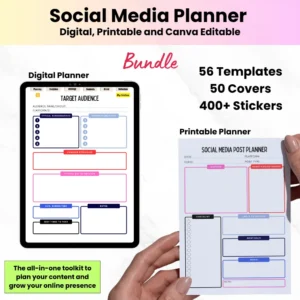 Product image of a Social Media Planner available in both digital and printable formats, featuring content calendars and strategy sections.