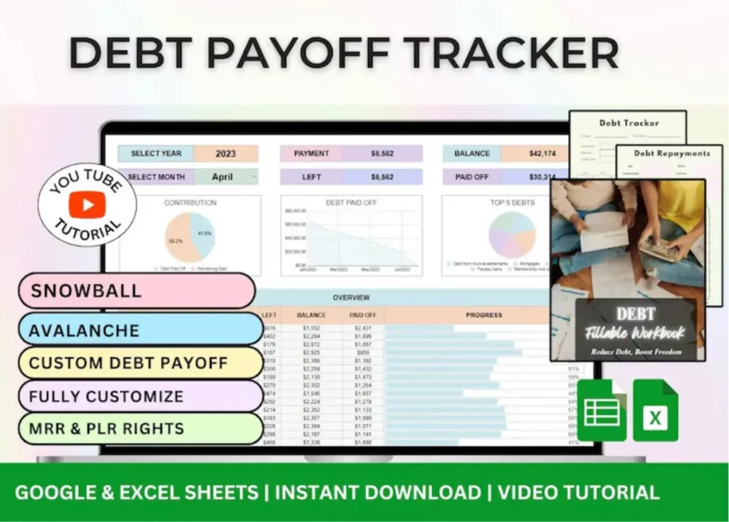 Product image of a debt payoff tracker spreadsheet with sections for loan amounts, interest rates, payment progress, and payoff goals.