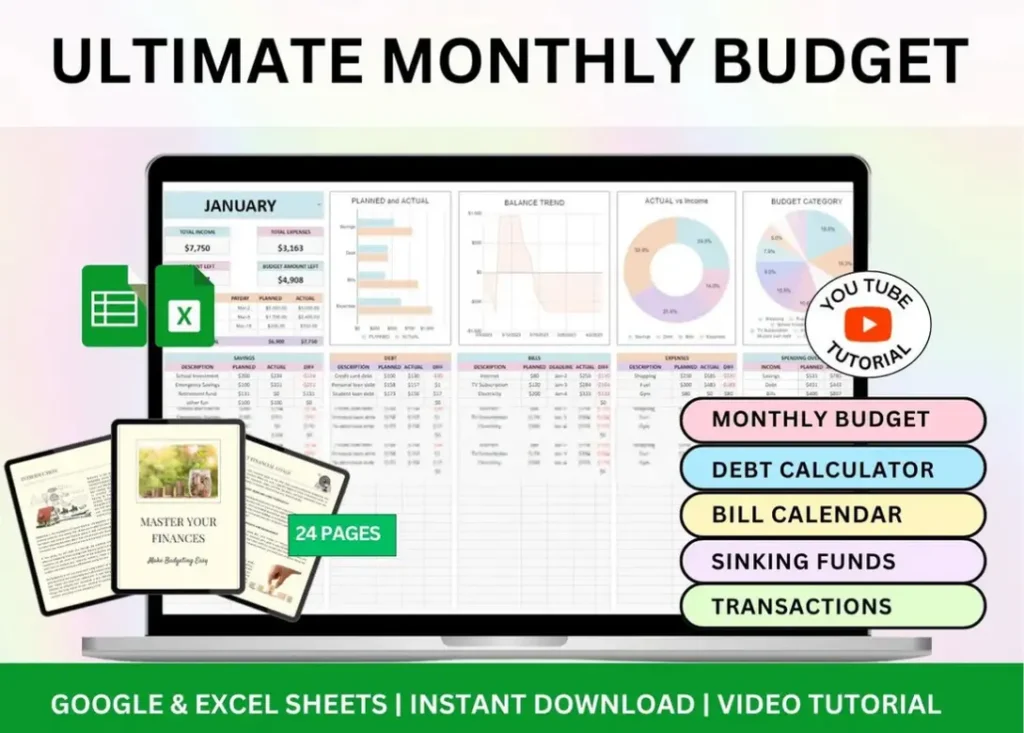 Product image of a monthly budget spreadsheet with editable sections for income, expenses, and savings, shown in Google Sheets and Excel.