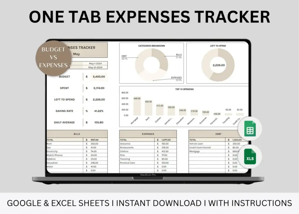 Product image of a one-tab expenses tracker spreadsheet with a simplified layout for logging spending by date, category, and amount in Google Sheets and Excel.