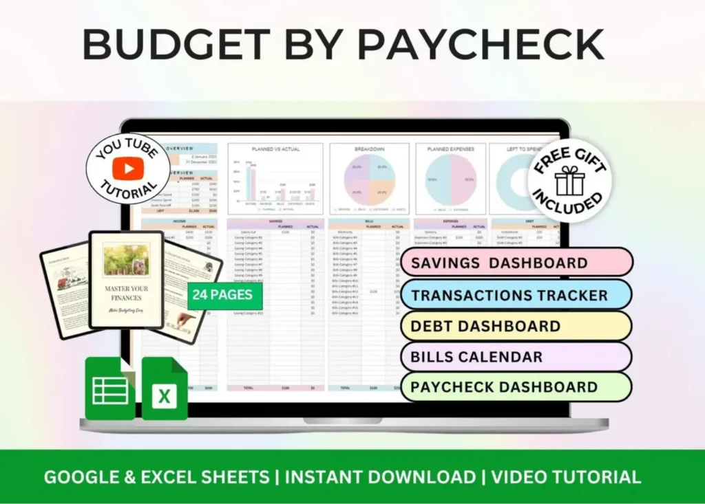 Product image of a paycheck budget spreadsheet with sections for income, bills, savings, and allocations per paycheck, designed for Google Sheets and Excel.