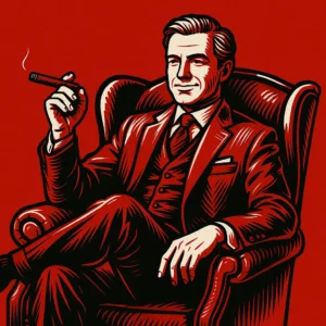 Confident man in a luxury chair smoking a cigar, representing quiet wealth for The Boring Rich brand.