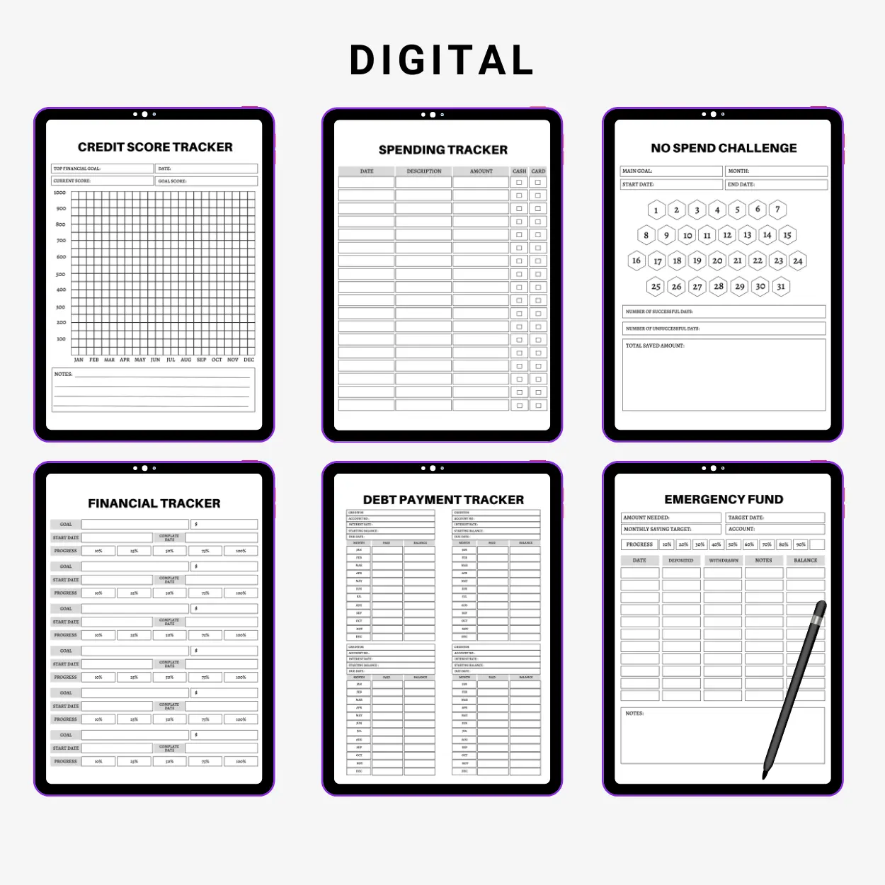 Product image of a budget and financial planner with sections for income, expenses, savings goals, and debt tracking, available in digital and printable formats.
