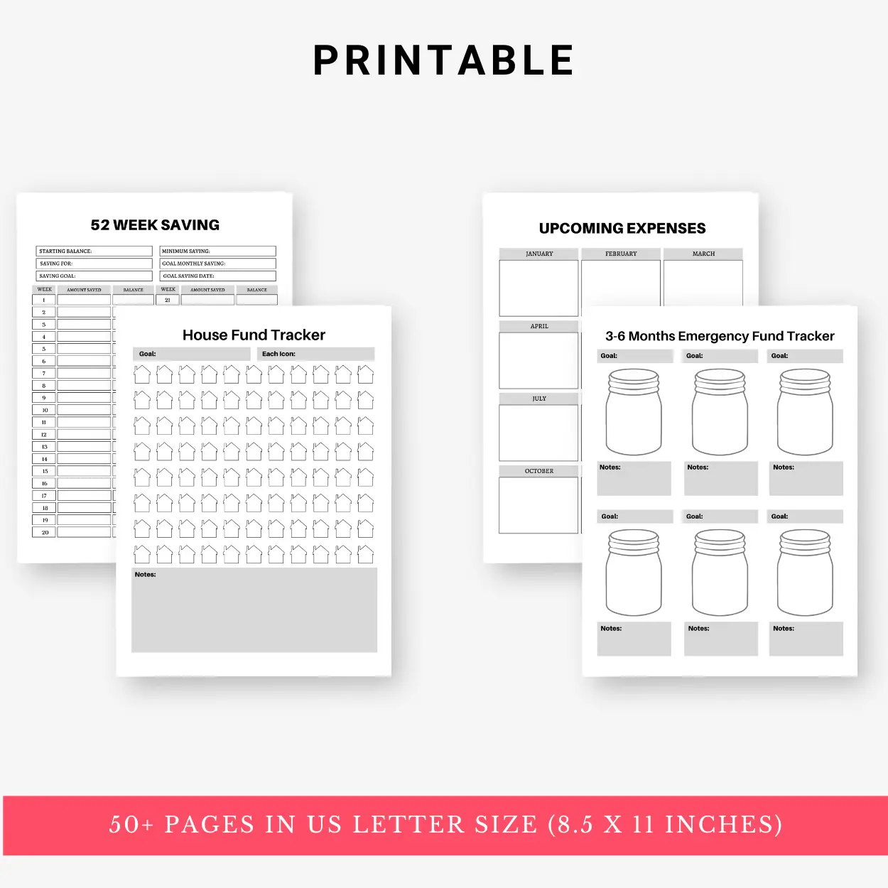 Product image of a budget and financial planner with sections for income, expenses, savings goals, and debt tracking, available in digital and printable formats.