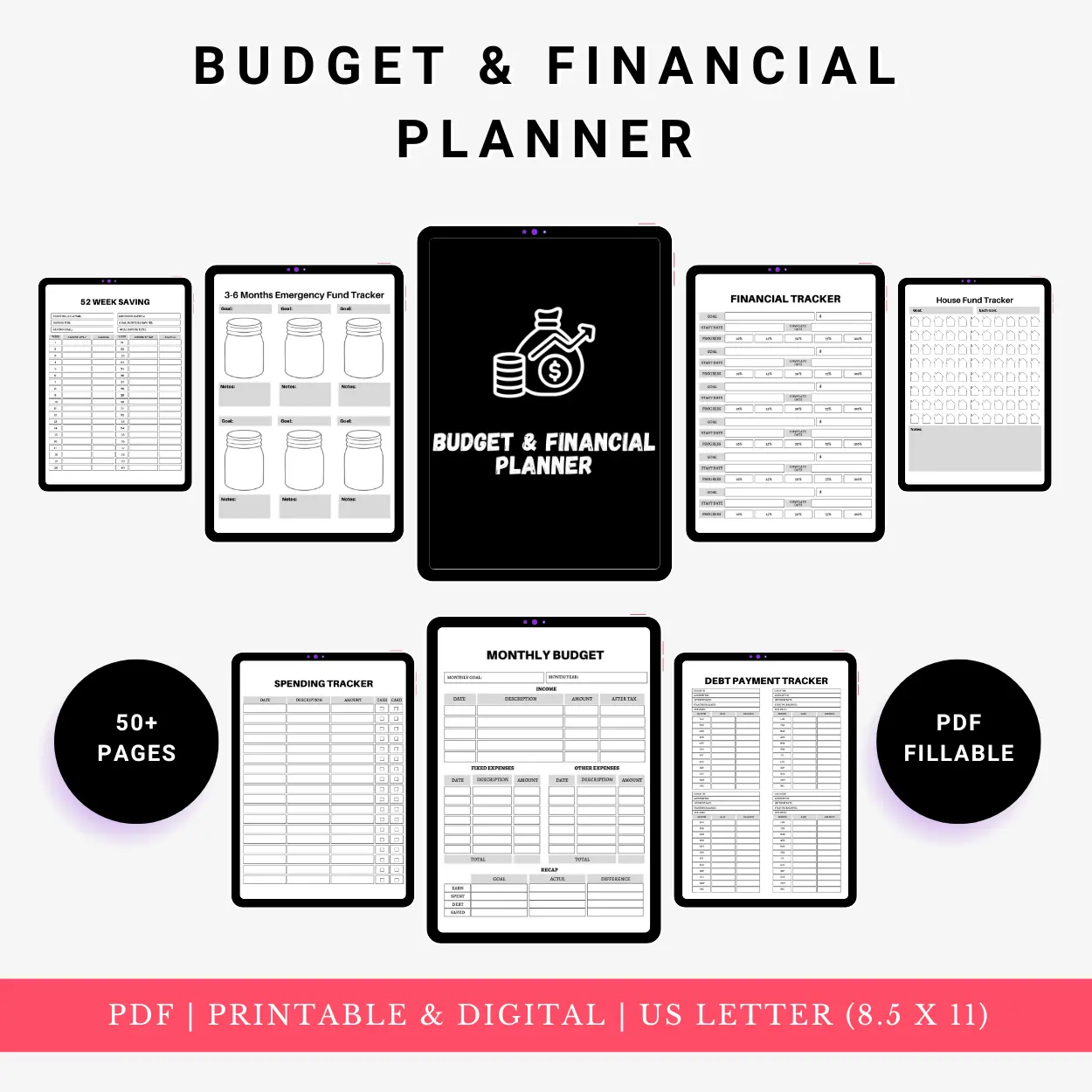 Product image of a business planner with pages for goal setting, financial tracking, marketing plans, and daily operations, available in digital and printable formats.