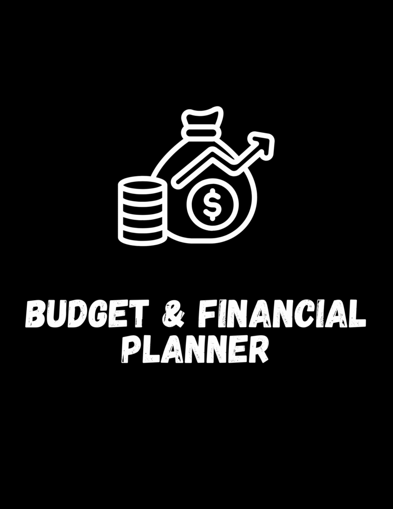 Product image of a budget and financial planner with sections for income, expenses, savings goals, and debt tracking, available in digital and printable formats.