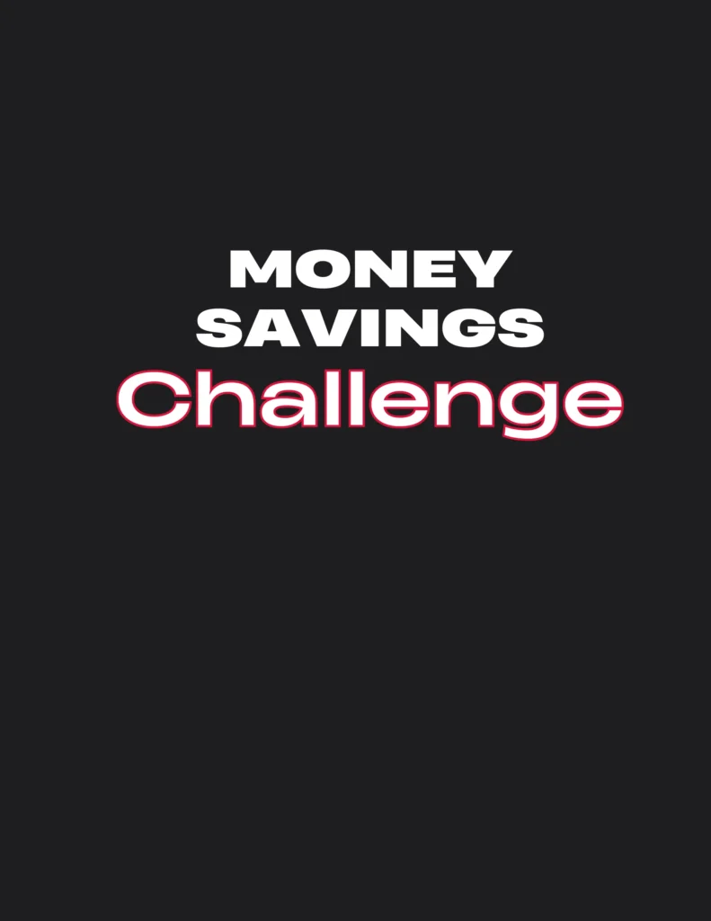 Product image of a money savings challenge tracker with sections for goal amount, incremental savings steps, and progress tracking, available in digital and printable formats.