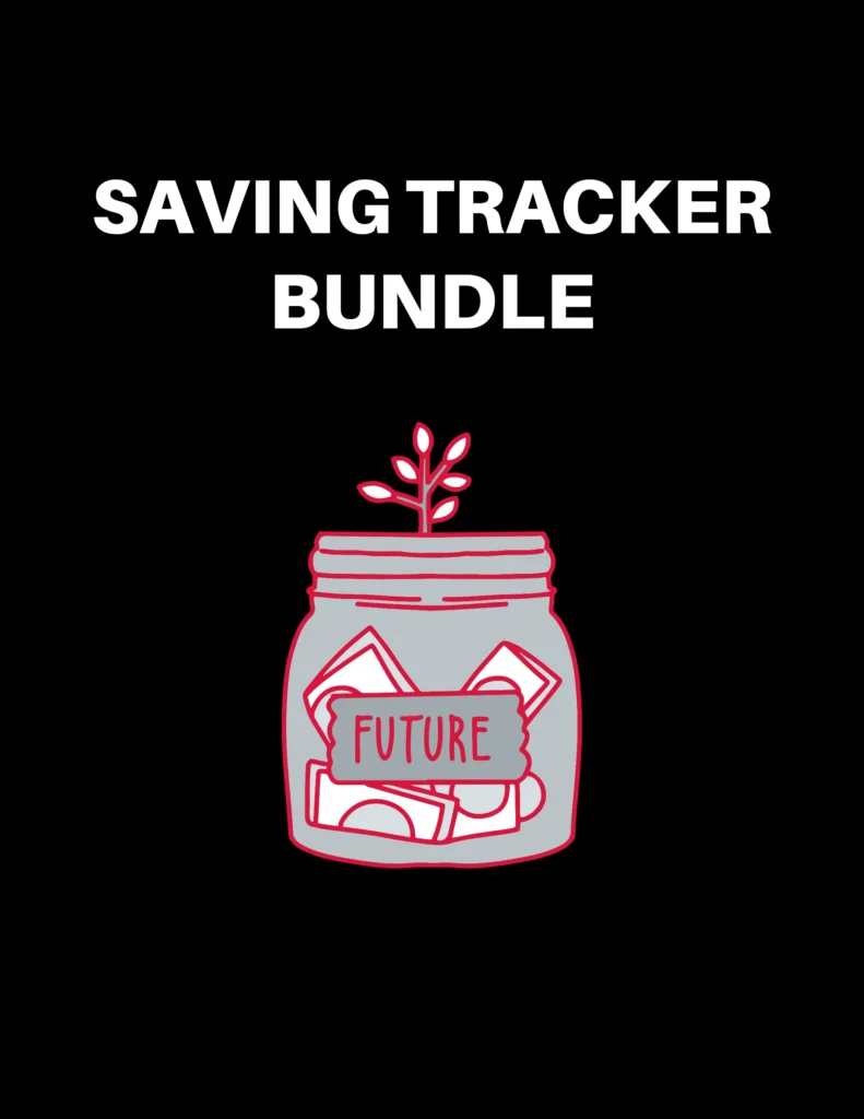 Product image of a savings tracker bundle with multiple templates for tracking savings goals, contributions, and progress, available in digital and printable formats.