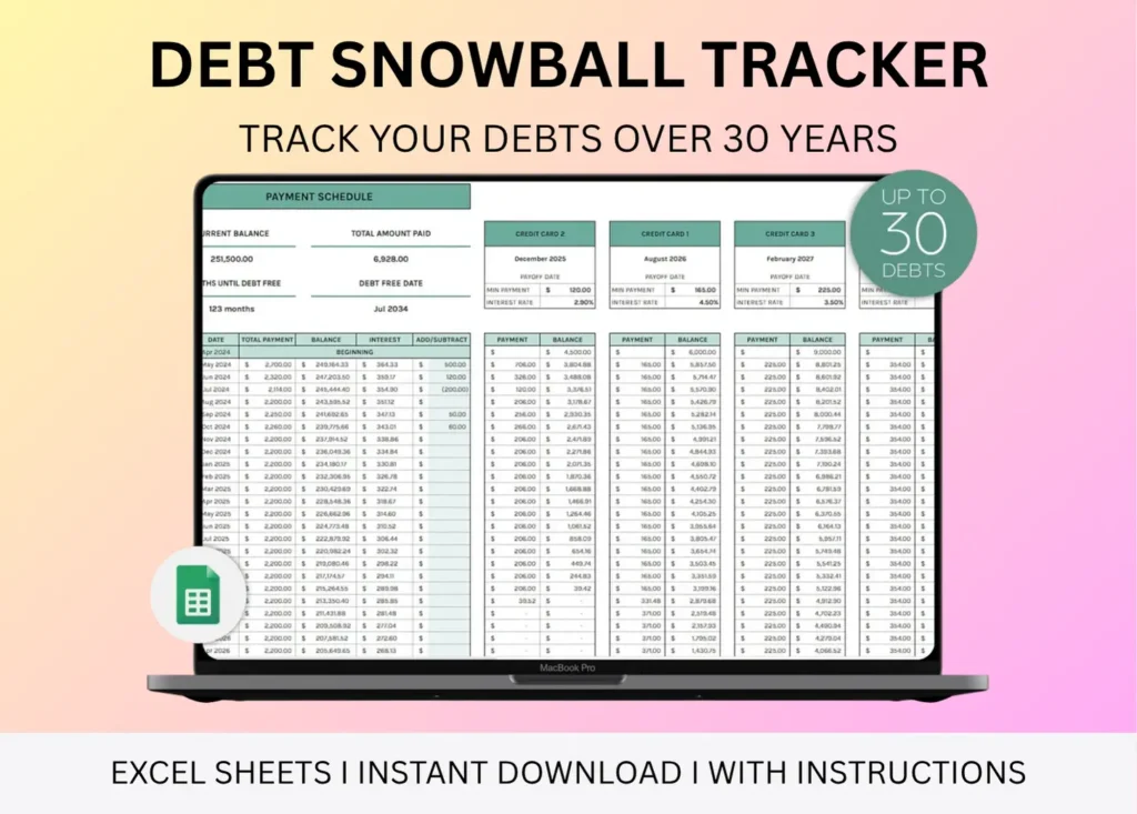Product image of a debt snowball tracker spreadsheet with editable fields for debt balances, minimum payments, payoff order, and progress tracking in Google Sheets and Excel.