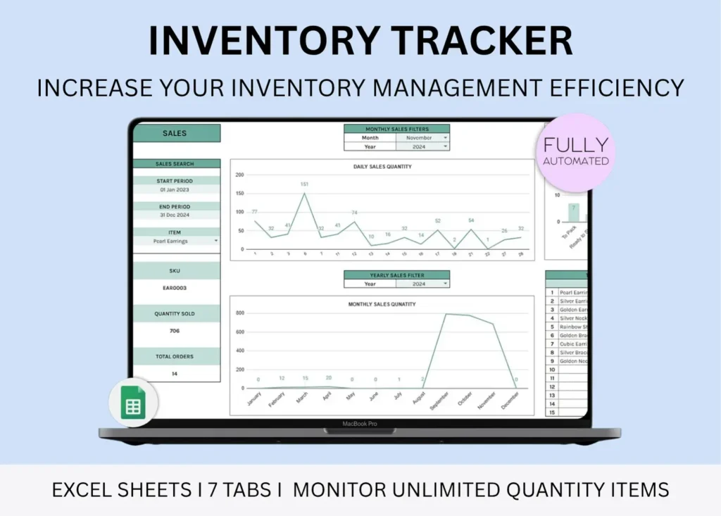 Product image of an inventory tracker spreadsheet with columns for item name, quantity, stock status, and reorder levels in Google Sheets and Excel.
