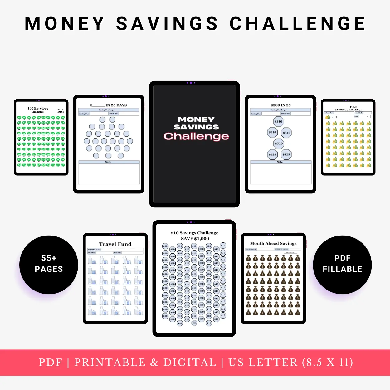 Product image of a money savings challenge tracker with goal amount, savings steps, and progress markers, available in digital and printable formats.