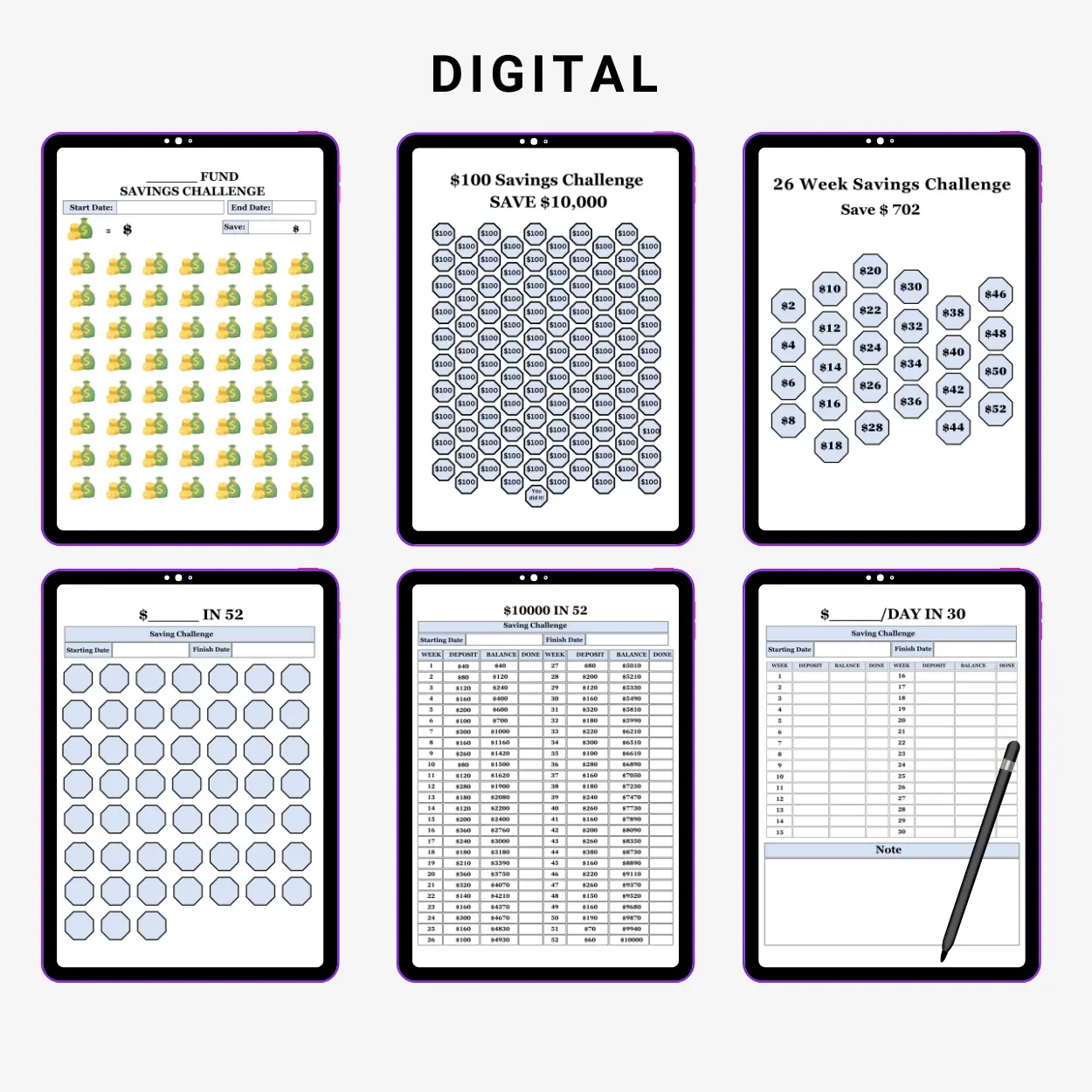 Product image of a money savings challenge tracker with goal amount, savings steps, and progress markers, available in digital and printable formats.