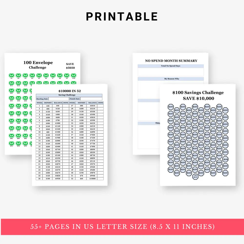 Product image of a money savings challenge tracker with goal amount, savings steps, and progress markers, available in digital and printable formats.