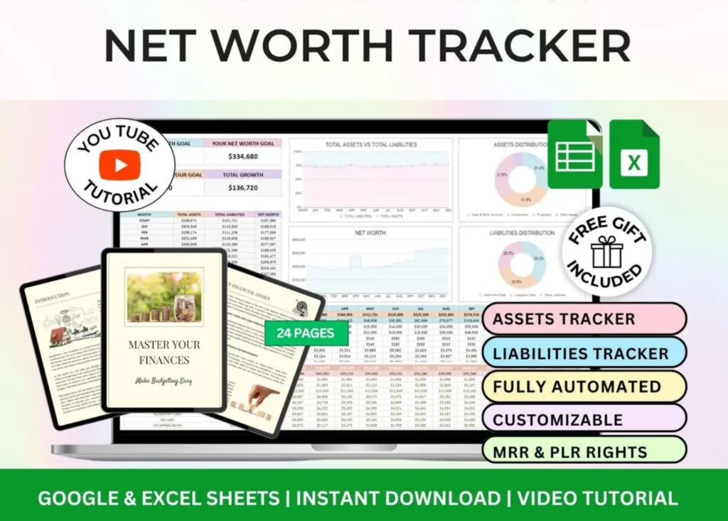 Product image of a net worth tracker spreadsheet with sections for assets, liabilities, and total net worth calculation in Google Sheets and Excel.
