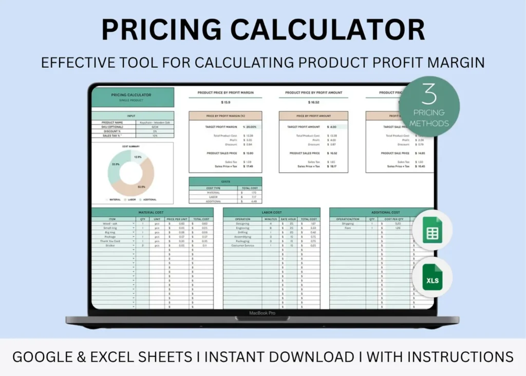 Product image of a pricing calculator spreadsheet with editable fields for cost, profit margin, and final sale price in Google Sheets and Excel.