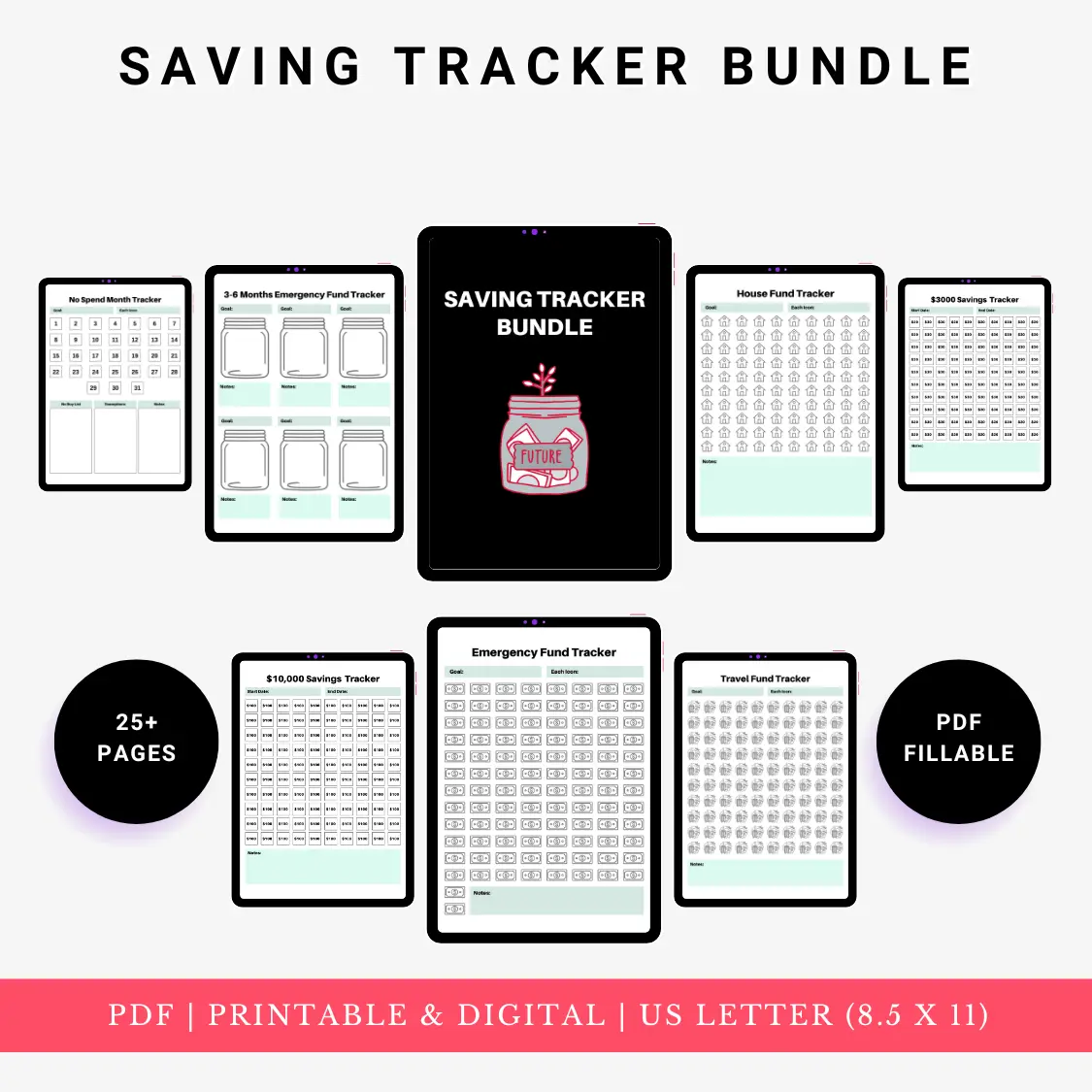 Product image of a savings tracker bundle with multiple templates for goal setting, contribution logging, and progress tracking, available in digital and printable formats.