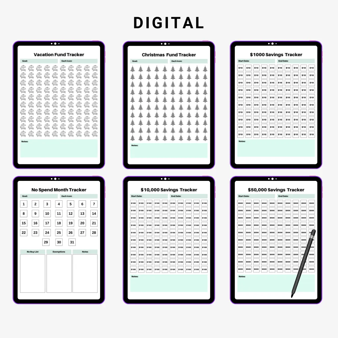 Product image of a savings tracker bundle with multiple templates for goal setting, contribution logging, and progress tracking, available in digital and printable formats.