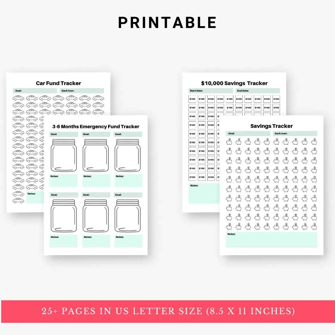 Product image of a savings tracker bundle with multiple templates for goal setting, contribution logging, and progress tracking, available in digital and printable formats.